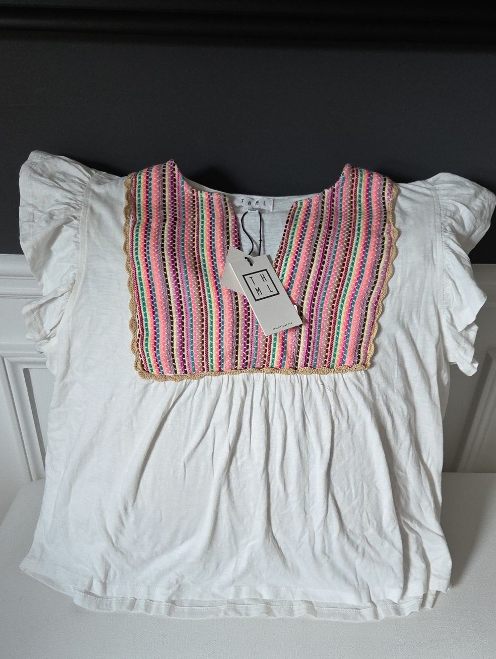 THML White Top with Pink, Teal & Purple WOVEN Strip and Crochet Trim Sz L NWT